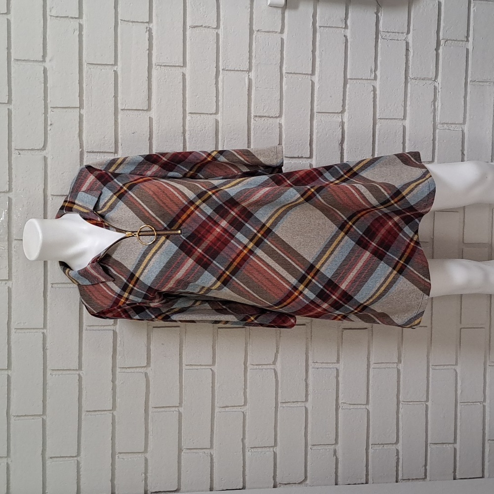 R & K Soft Plaid 3/4 Sleeve Gold  Zip Front Dress. Size Small NWOT